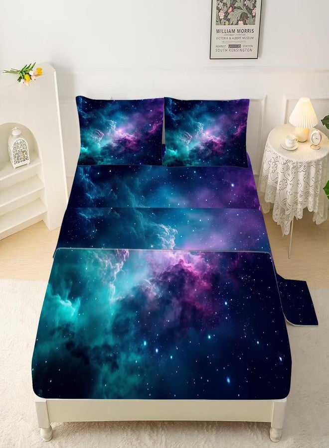 FUYEUN Blue Galaxy Sheet Set Twin: Space Bedding Set for Kids Teens Girls Boys Cloud Starry Sky Bedroom Bed - 1 Flat Sheet, 1 Fitted Sheet, 1 Pillowcase - Image 1